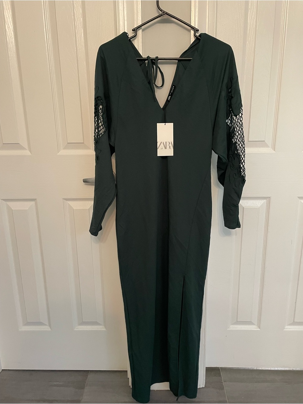 NWT Zara Forest Green Long Sleeve Maxi Dress with Lace Sleeve Insets